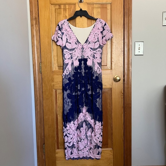 JS Collections Pink and Navy Embroidered Midi Dress - Picture 2 of 5